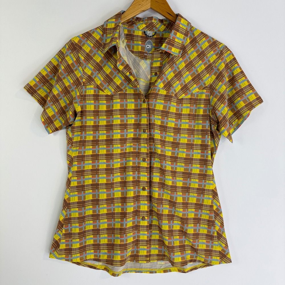 Club Ride Bandara Cycling Jersey Womens Medium Yellow Plaid Snap Front MTB Top